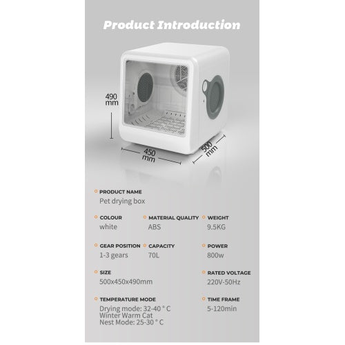 Automatic Pet Dryer Room for Cats and Dogs – Hot & Cold Air, 3-Speed Modes, Timer Control | Milky Polypropylene Design