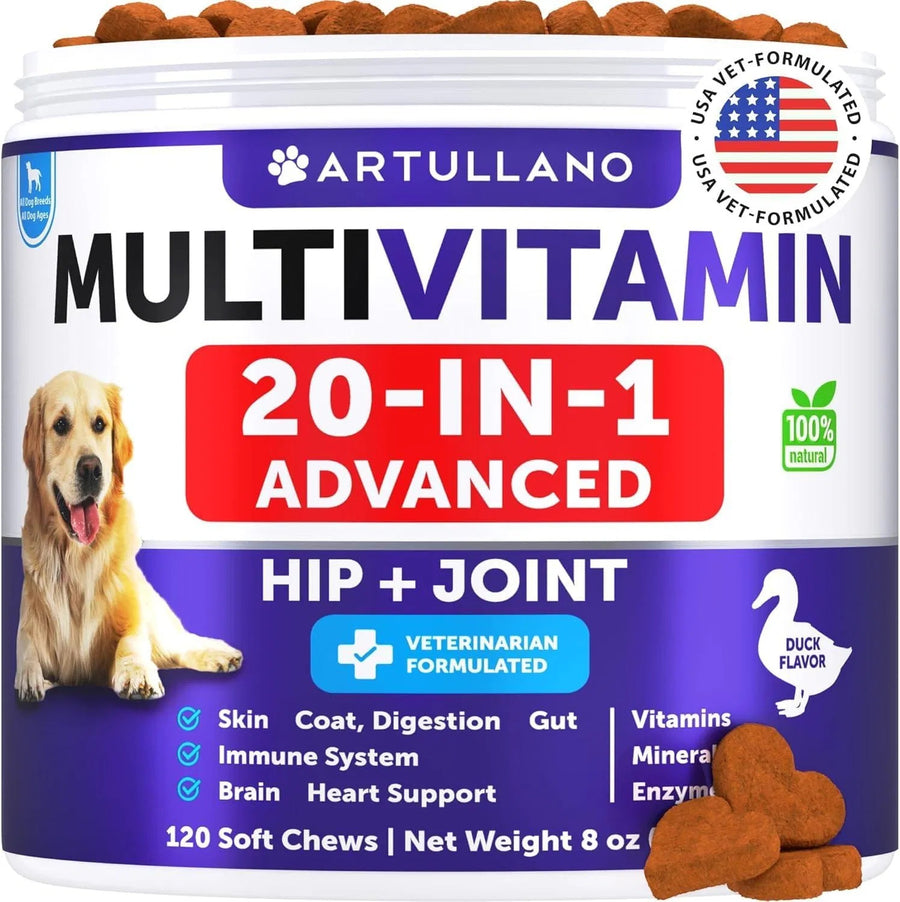 Artullano 20-in-1 Dog Multivitamin Chews – Hip, Joint, Skin & Coat Support, Omega-3 & Probiotics