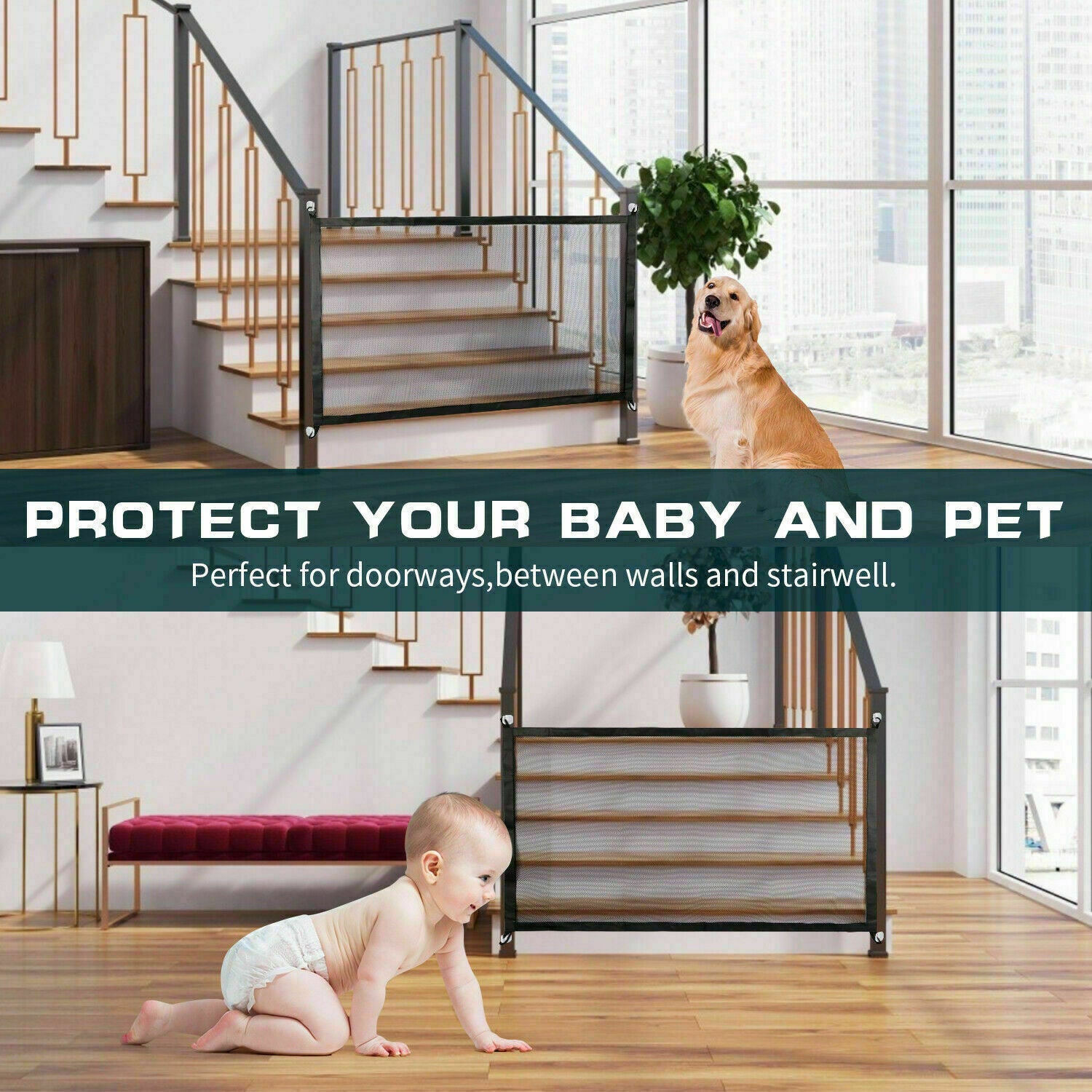 Portable Pet Safety Gate – Mesh Fence for Dogs, Cats & Babies | Adjustable Guard for Stairs & Doors