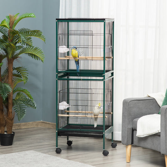 Large Indoor Bird Cage 55" – Double Stack Aviary with Wheels for Canaries, Finches & Conures