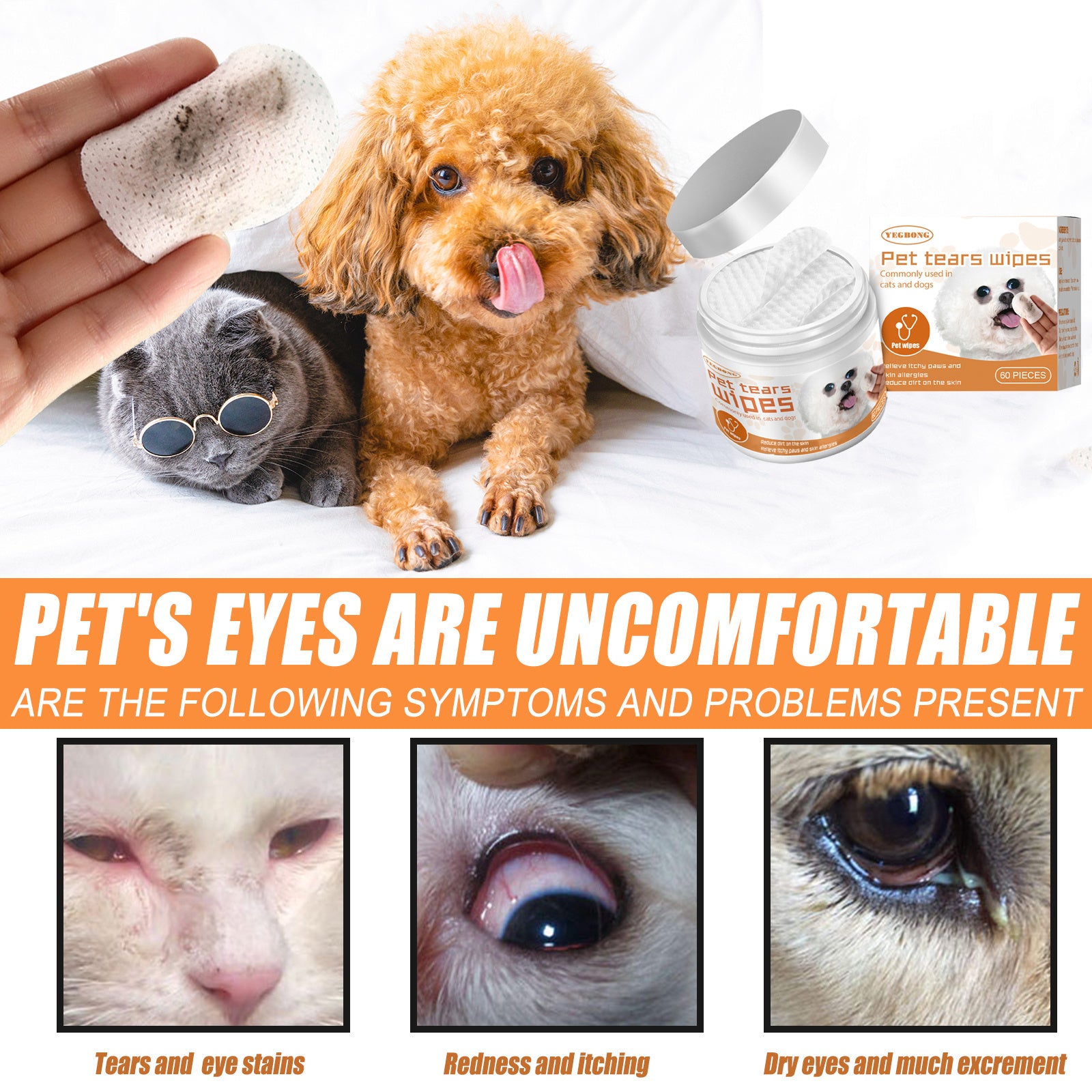 Yegbong Pet Eye Cleaning Wipes – Tear Stain Remover Cotton Pads for Dogs & Cats | Gentle Eye Dirt & Discharge Cleaner