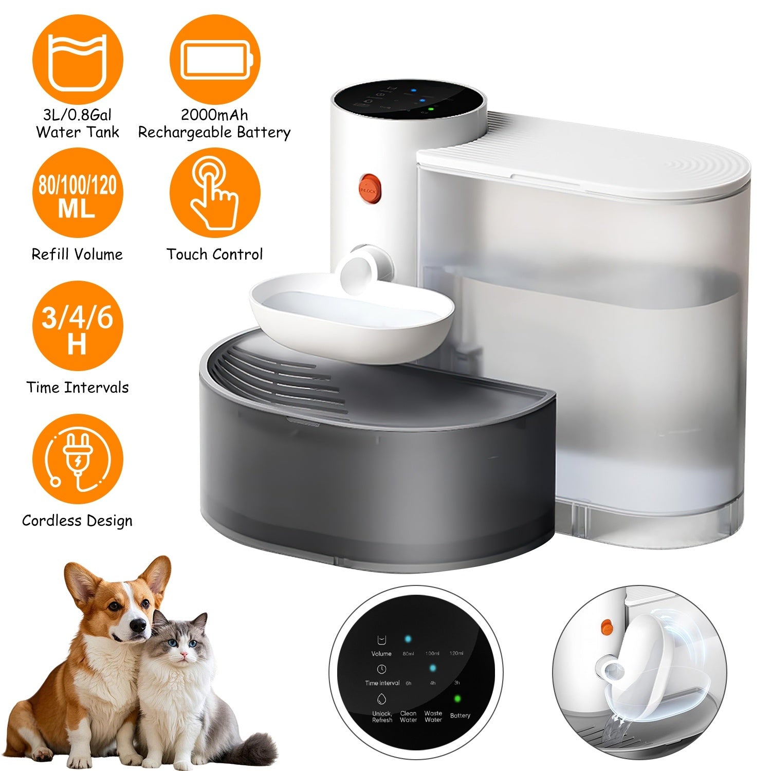Smart Pet Water Fountain – 3L Cordless Automatic Cat & Dog Water Dispenser with Touch Control & Adjustable Flow