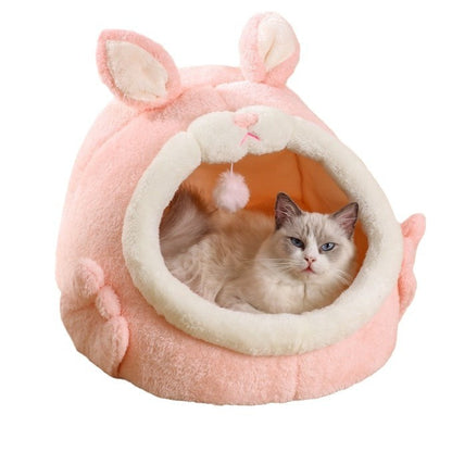 Cute Bunny Cat Bed – Plush Semi-Enclosed Winter Cat Nest