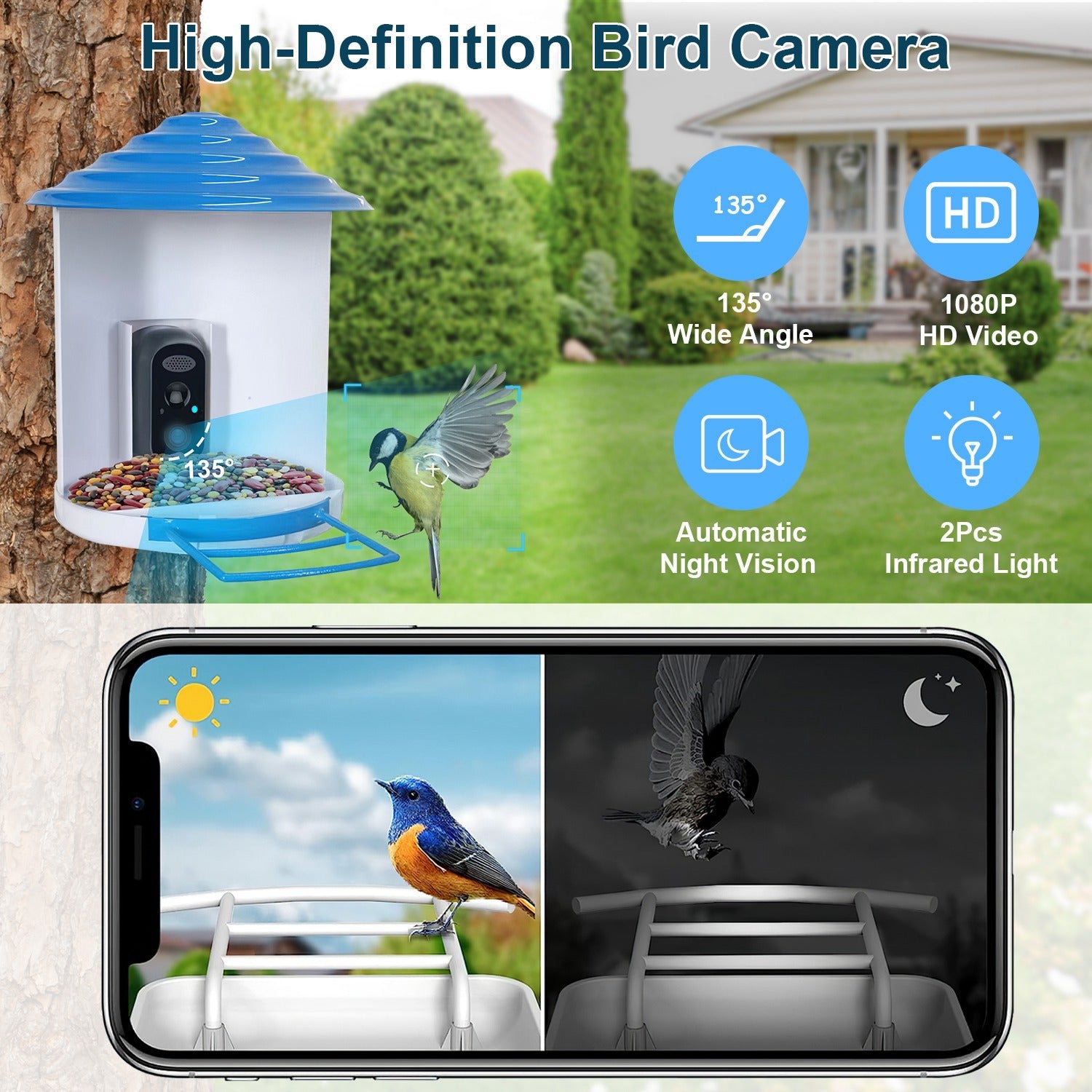 Smart Solar Bird Feeder with 1080P HD Camera – AI Bird Identification, PIR Motion Detection, Auto Video Capture, Cloud & SD Storage, WiFi App Control, IP65 Waterproof