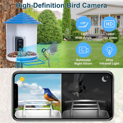 Smart Solar Bird Feeder with 1080P HD Camera – AI Bird Identification, PIR Motion Detection, Auto Video Capture, Cloud & SD Storage, WiFi App Control, IP65 Waterproof