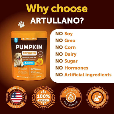 Dog Pumpkin Supplement – Artullano Digestive Aid, Constipation & Diarrhea Relief, Natural Ingredients
