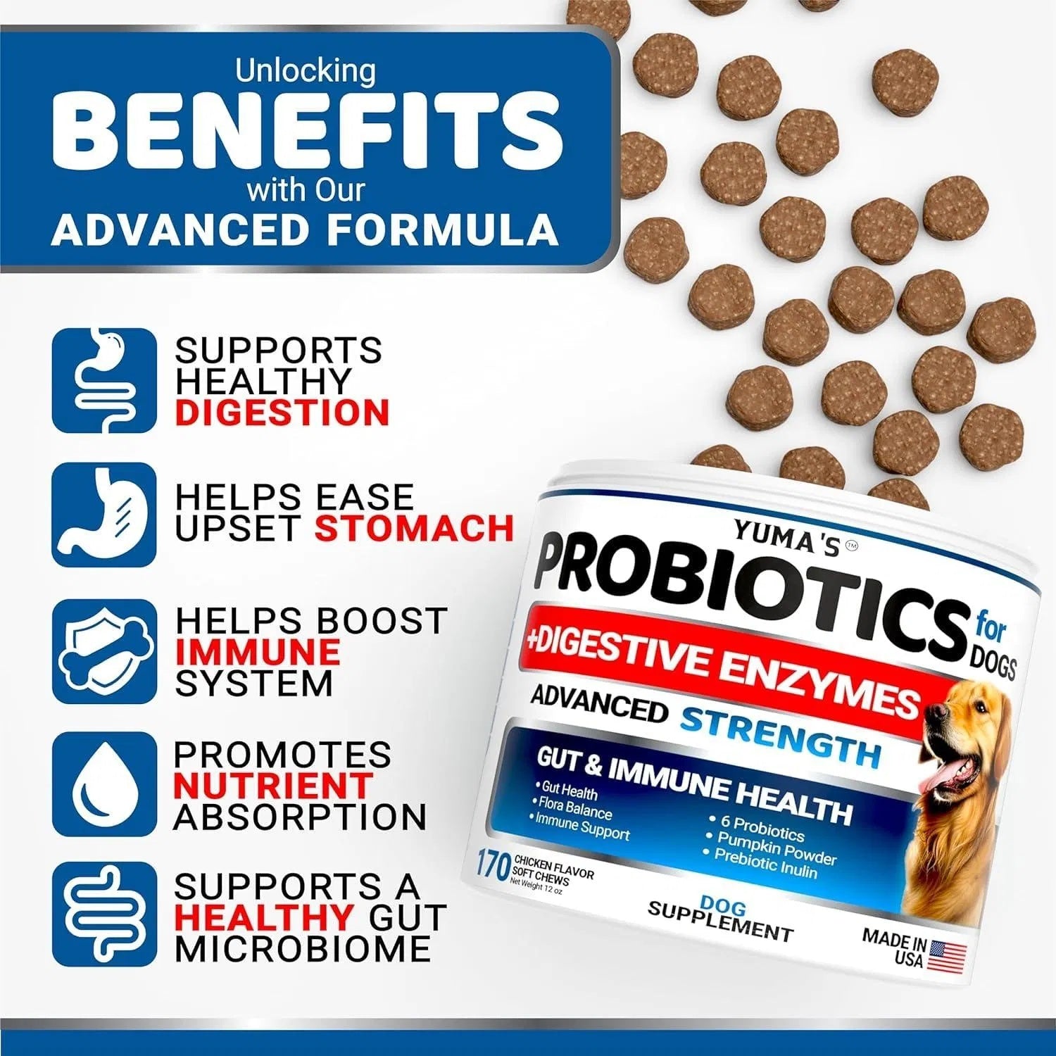 Dog Probiotics – Yuma’s Chicken-Flavored Chews for Digestive Health, Gas & Upset Stomach Relief | All Ages & Sizes