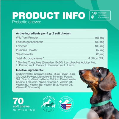 Probiotics for Dogs – Gut Health, Immunity & Yeast Balance Support with Digestive Enzymes | 180 Chews