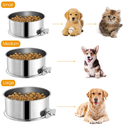 Pet Food & Water Bowl – Stainless Steel, M Size with Clamp Holder