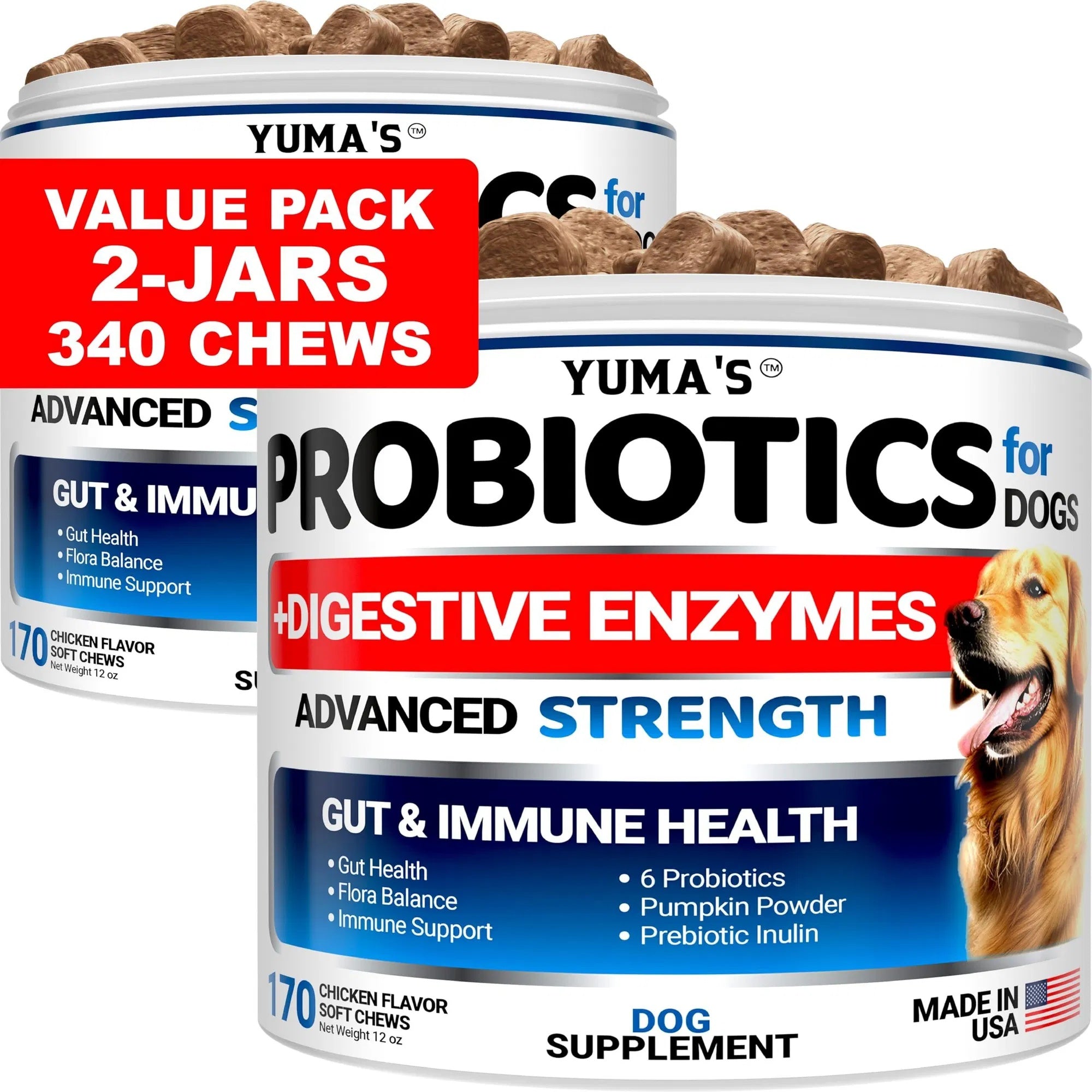 Dog Probiotics – Yuma’s Chicken-Flavored Chews for Digestive Health, Gas & Upset Stomach Relief | All Ages & Sizes