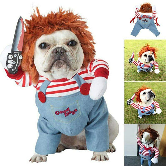 Funny Halloween Dog Costume – Horror Doll Pet Outfit with Wig