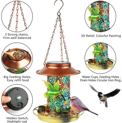 Solar Bird Feeder for Outdoors – Hanging Metal Wild Bird Feeder & Solar Garden Lantern with S Hook, Perfect Gift for Bird Lovers