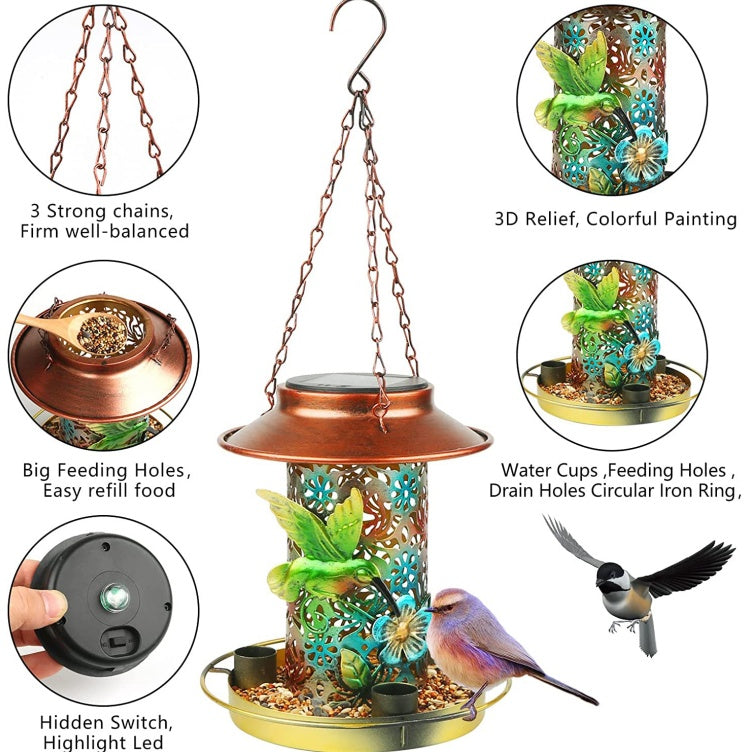 Solar Bird Feeder for Outdoors – Hanging Metal Wild Bird Feeder & Solar Garden Lantern with S Hook, Perfect Gift for Bird Lovers