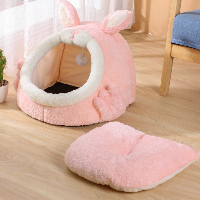 Cute Bunny Cat Bed – Plush Semi-Enclosed Winter Cat Nest