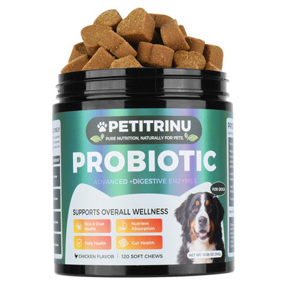 Dog Probiotic Chews 120Ct – Digestive Enzymes for Gut & Skin Health