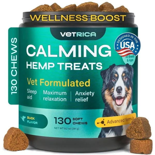 Vetrica Hemp Calming Chews for Dogs – Duck Flavor Anxiety & Stress Relief with Chamomile & L-Theanine | 130 Soft Treats