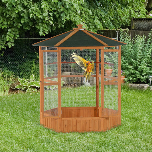 69" Outdoor Wooden Hexagon Aviary – Large Flight Bird Cage with Roof