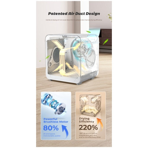 Automatic Pet Dryer Room for Cats and Dogs – Hot & Cold Air, 3-Speed Modes, Timer Control | Milky Polypropylene Design