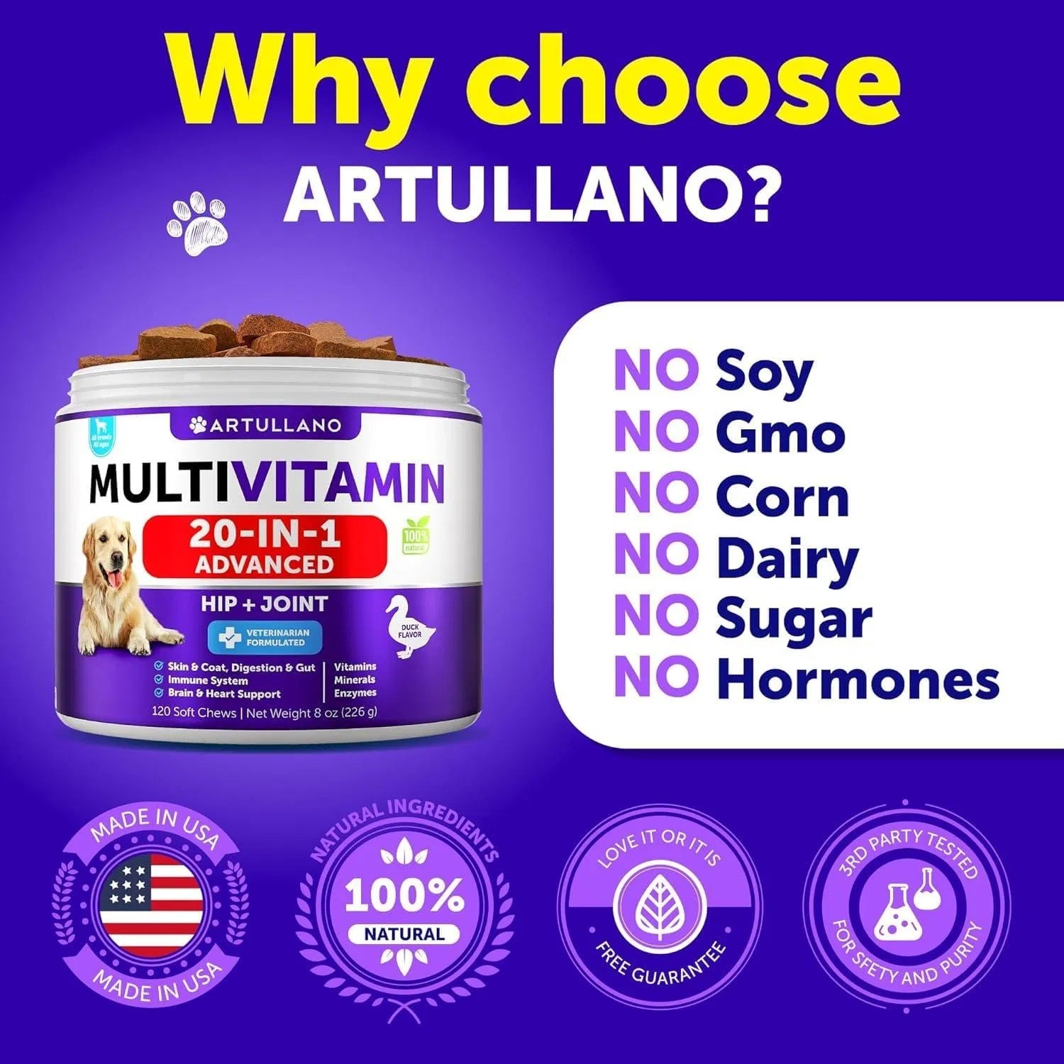 Artullano 20-in-1 Dog Multivitamin Chews – Hip, Joint, Skin & Coat Support, Omega-3 & Probiotics