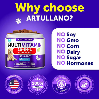 Artullano 20-in-1 Dog Multivitamin Chews – Hip, Joint, Skin & Coat Support, Omega-3 & Probiotics