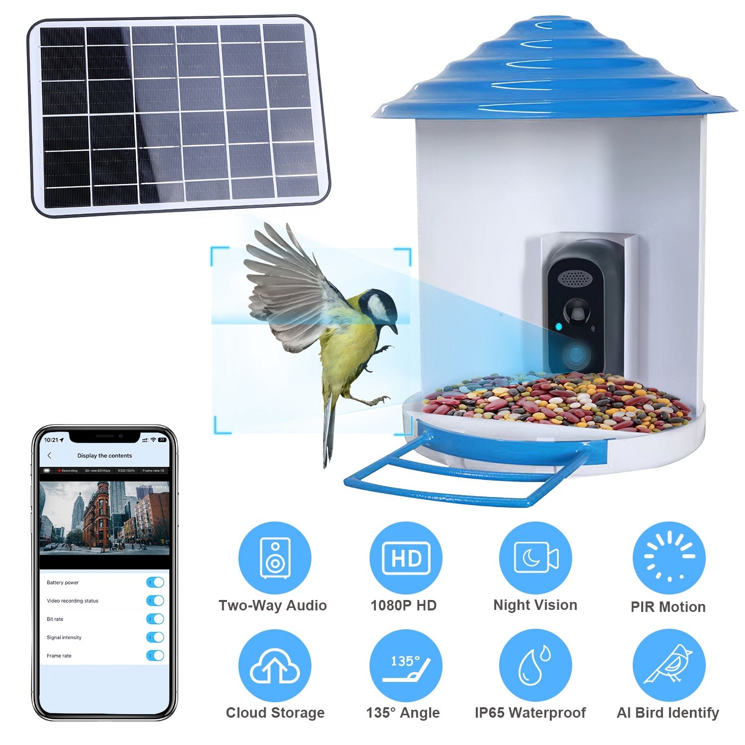 Smart Solar Bird Feeder with 1080P HD Camera – AI Bird Identification, PIR Motion Detection, Auto Video Capture, Cloud & SD Storage, WiFi App Control, IP65 Waterproof