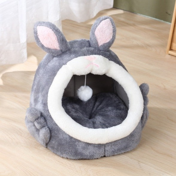 Cute Bunny Cat Bed – Plush Semi-Enclosed Winter Cat Nest