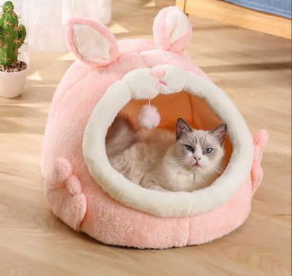 Cute Bunny Cat Bed – Plush Semi-Enclosed Winter Cat Nest