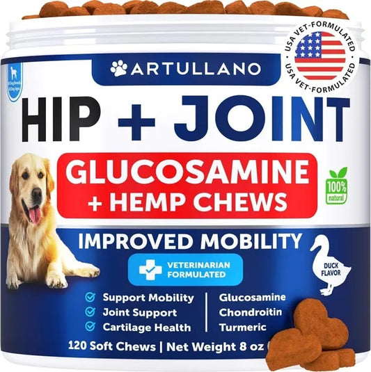 Hemp Hip & Joint Chews for Dogs – Glucosamine Mobility Support Supplement (120 Soft Chews)